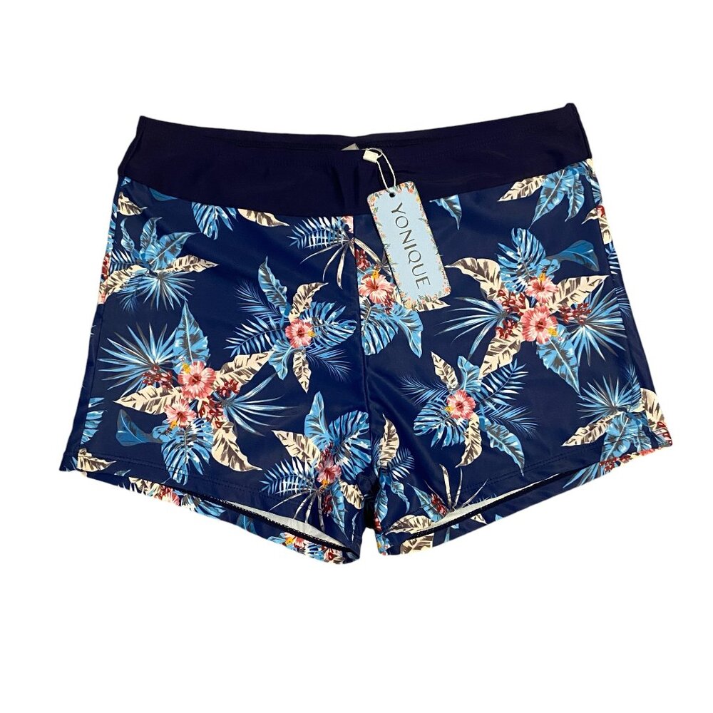 Yonique women's M blue and pink floral shortinis swim shorts tankini bottoms